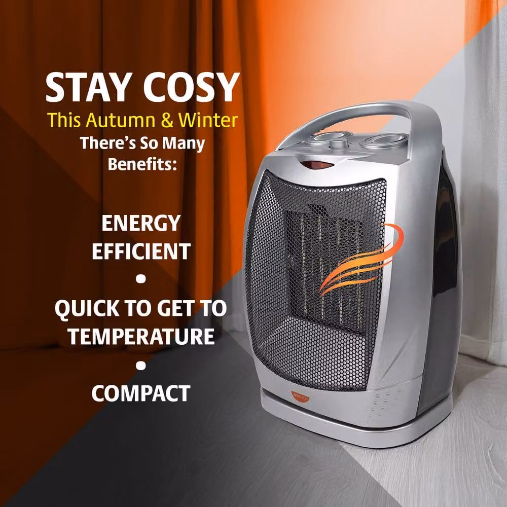 Bergstrom Silver Ceramic Fan Heater with Oscillation and Thermostat Control – 3
