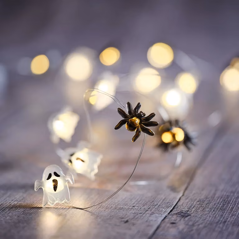 Lights4fun Halloween Ghost and Spider LED Micro String Lights with Cool White LEDs on Silver Wire