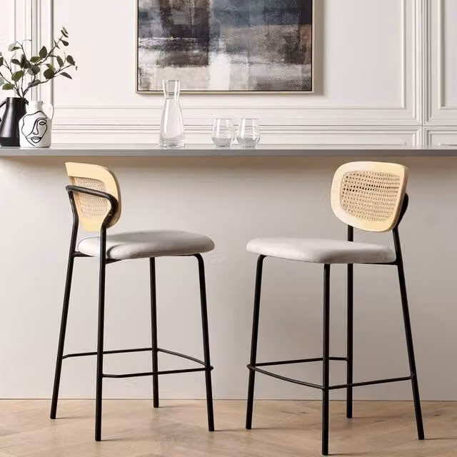 Wyld and Coco Set of 2 Armless Bar Chairs in Light Beige Polyester Rattan and Metal – 1