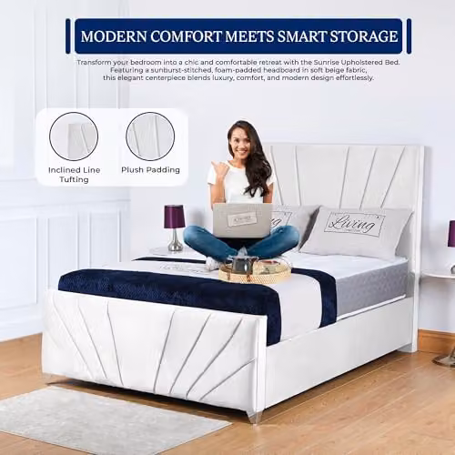 Living Comfort Bedz Sunrise Lined Panel Bed in White Plush Velvet with Solid Wooden Slats, Super King Size, W/D/H: 200 x 180 x 127 cm – 2