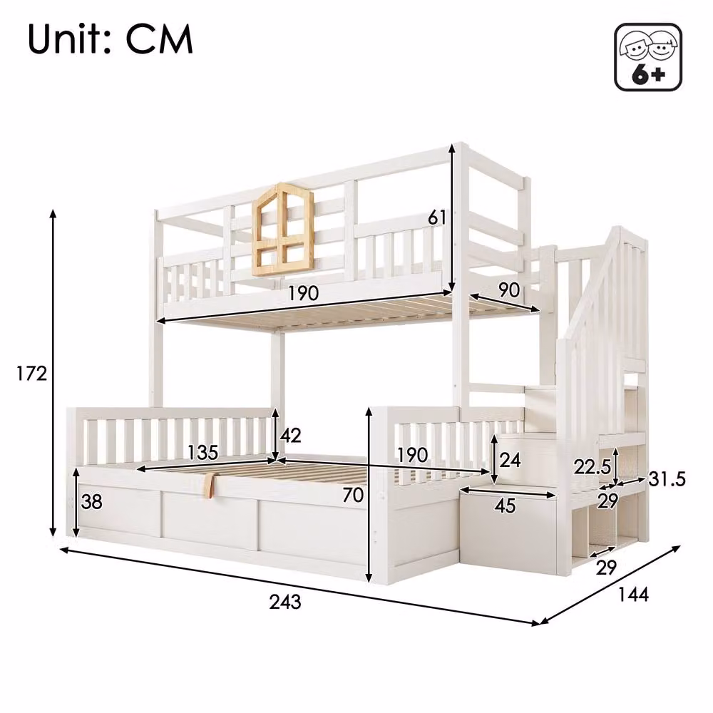 Rolipo Kids Bunk Bed in White Solid Wood with Hydraulic Storage and Stairs – 2