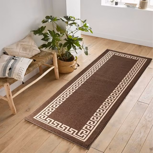 Desire Rugs Machine Washable Greek Key Design Anti Slip Runner, Brown, W: 67 cm, L: 220 cm