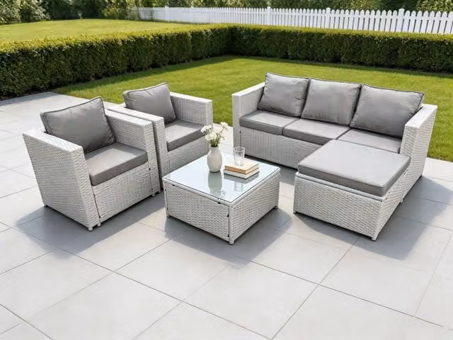 Fimous 6 Seater Rattan Garden Furniture Set in Light Grey with 3 Seater Sofa, 2 Chairs, Square Coffee Table and Large Footstool