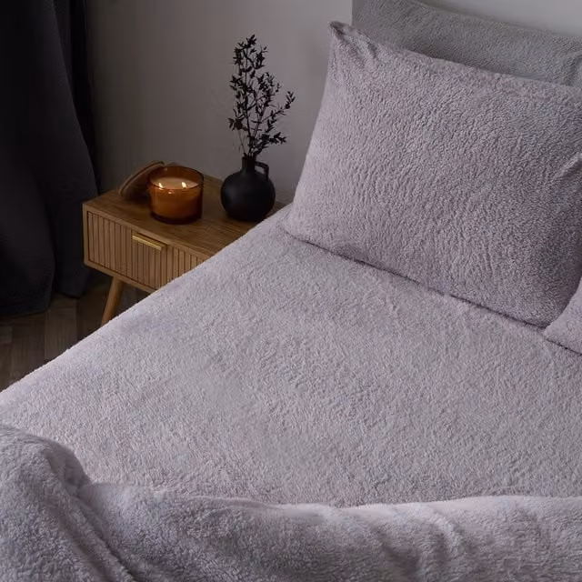OHS Teddy Fleece Thermal Fitted Bed Sheet in Grey/Silver, W: 90 cm, D: 200 cm