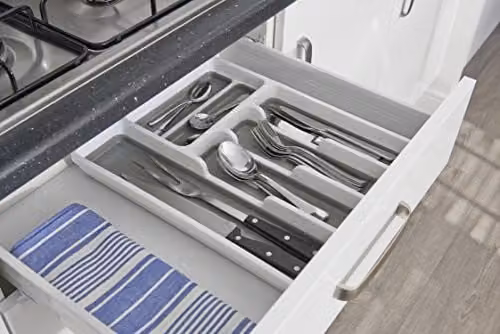 Addis Premium Soft Touch 6 Compartment Cutlery Drawer Organiser Tray, White and Grey – 4