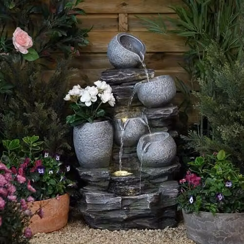 Serenity Water Features Grey Cascading River Rock Water Feature with Integrated Planter, Polyresin Construction, W/D/H: 75 x 46 x 43 cm