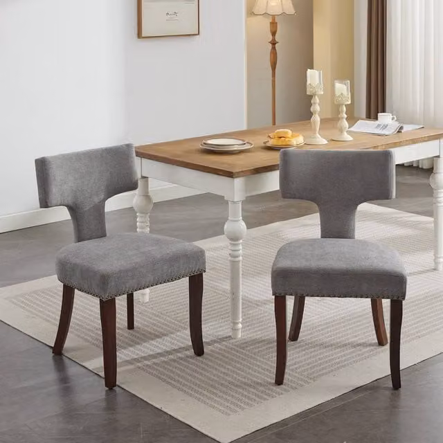 HomeTouch Set of 2 Grey Linen Fabric Upholstered Dining Chairs