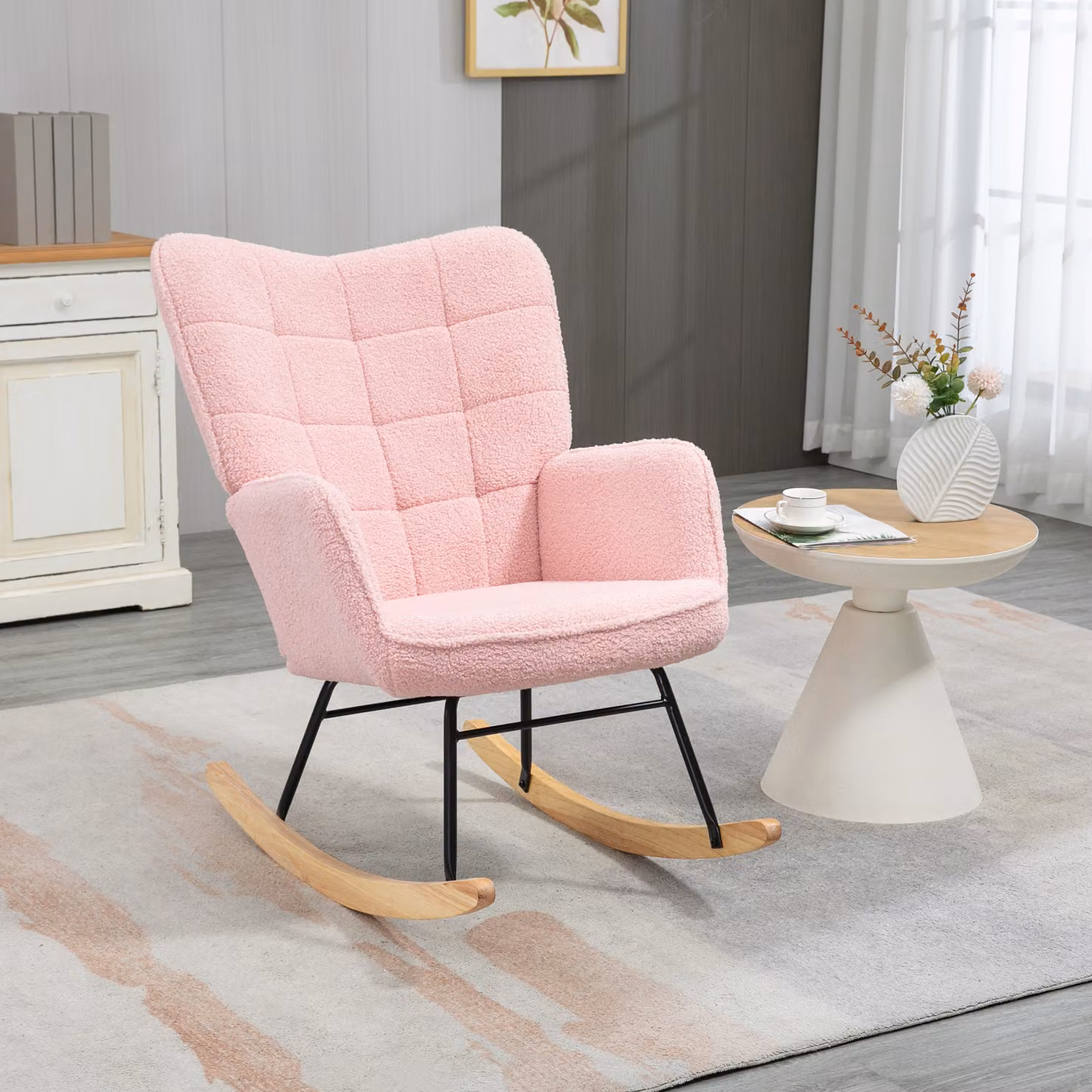 HOMCOM Oversized Pink Bouclé Wingback Rocking Chair with Armrests – 2