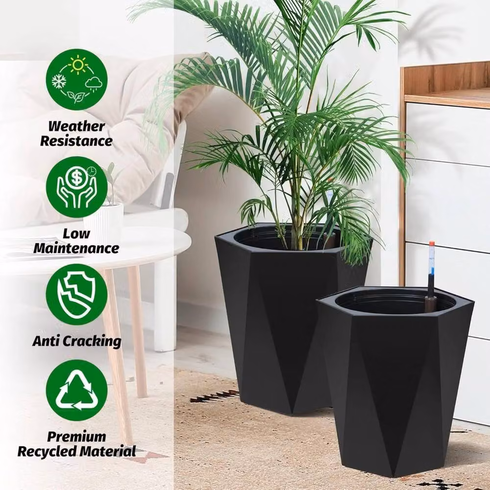 VOGREX Set of 2 Self-Watering Tall Resin Planters in Black – 3