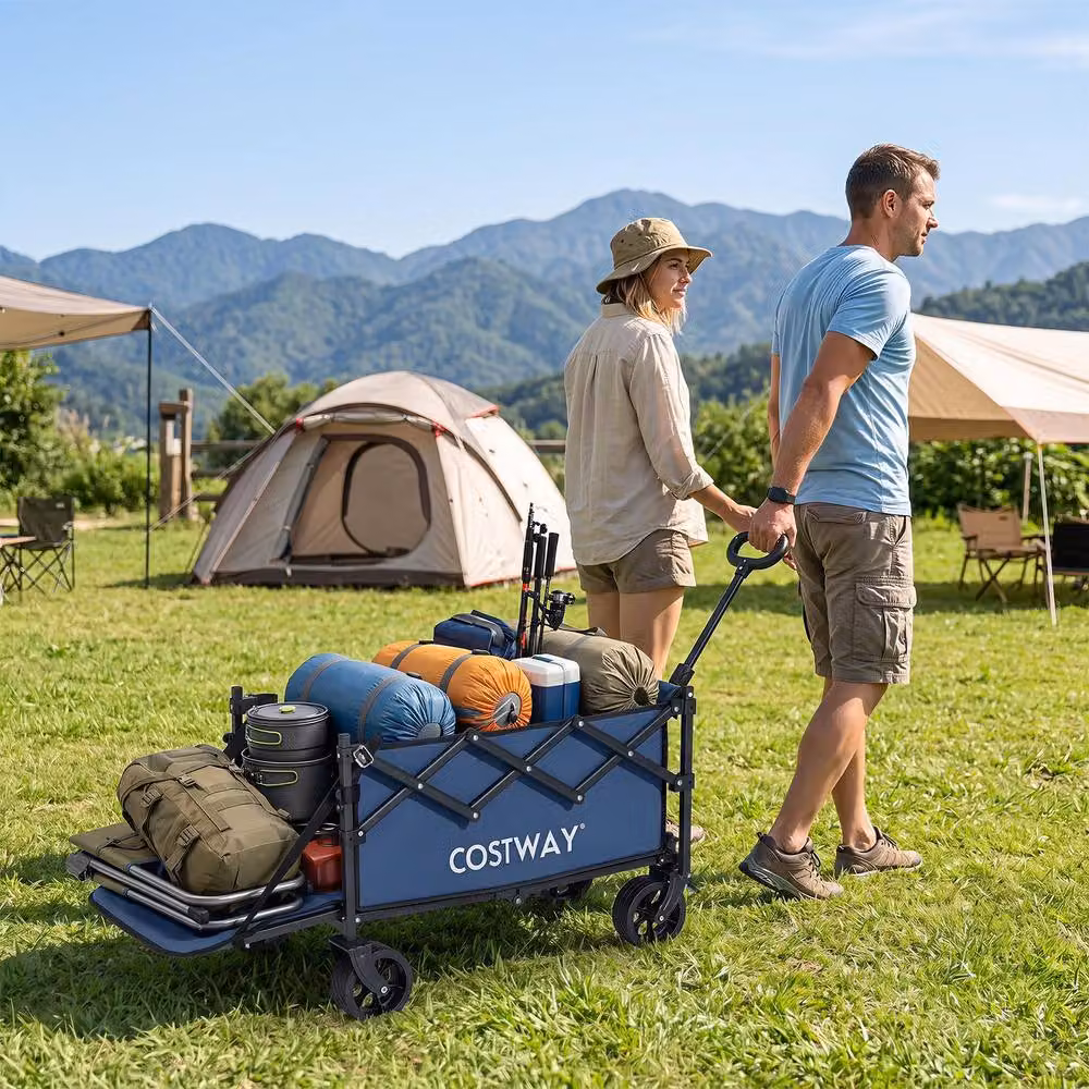 Costway Foldable Transport Trolley with All-Terrain Wheels, Blue – 5