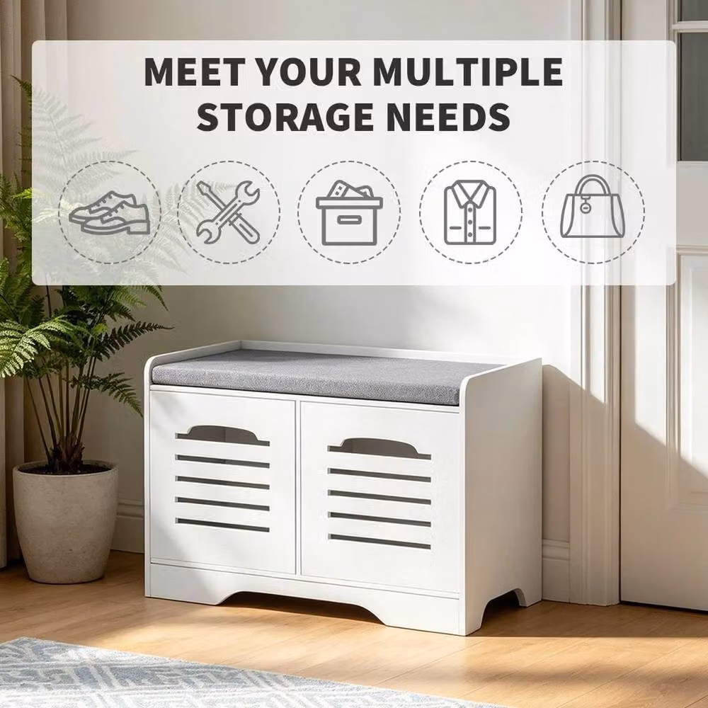 KORVIXA 2-Door Shoe Storage Bench with White Fabric Cushion Seat – 2