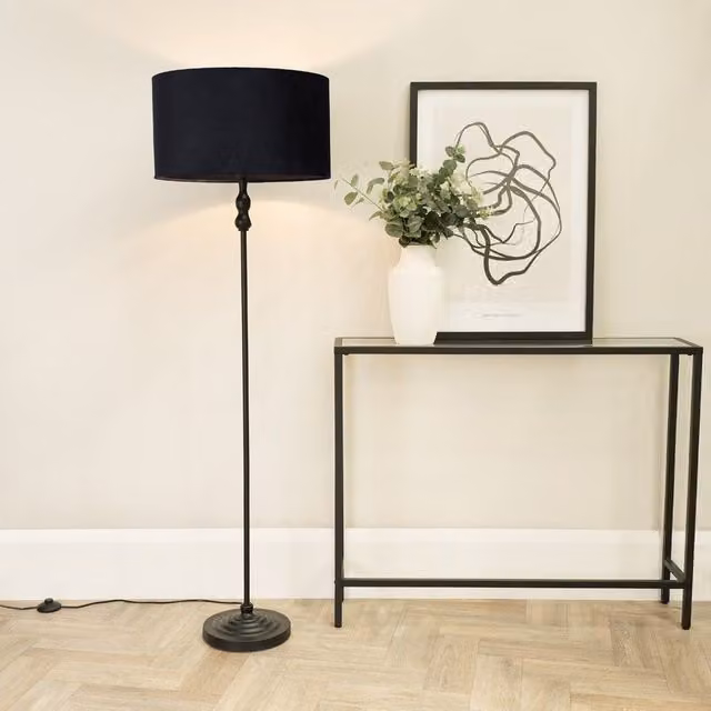 ValueLights Maggie Black Metal Candlestick Floor Lamp with Black Fabric Cylinder Shade – 1