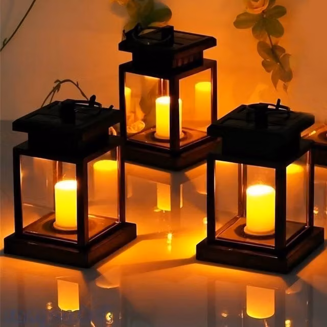 VOGREX Set of 3 Solar Powered LED Lantern Lights in Black with Warm White Light – 1