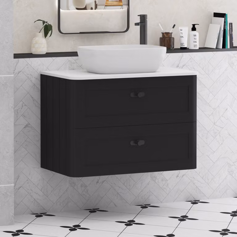 Royal Bathrooms Henley 800mm Matt Nocturne Black Wall Hung 2 Drawer Vanity Unit with Plain White Worktop, Elva Basin and Matt Black Knob