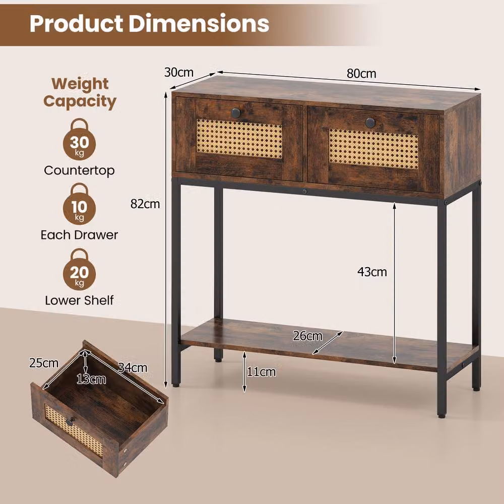 Costway Boho Modern Wooden Console Table with 2 Drawers, Brown – 2