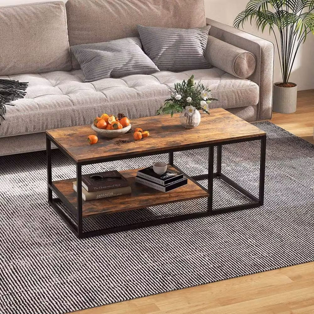 FORGEVIO 2-Tier Industrial Wood and Metal Rectangular Coffee Table in Brown and Black – 2