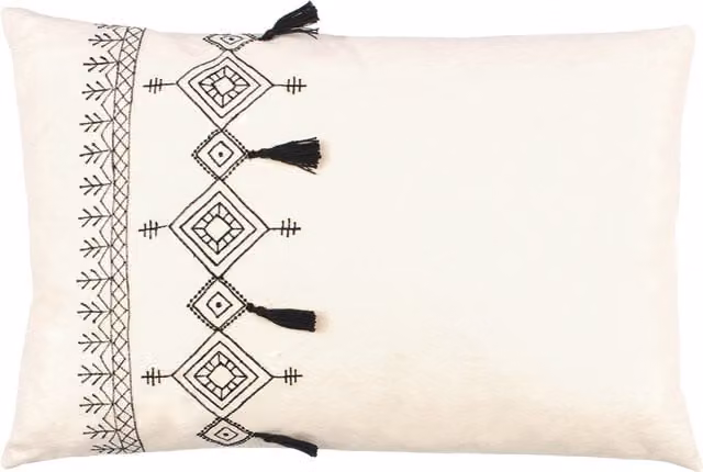 Make It A Home Pritta Cotton Embroidered Tasselled Rectangular Cushion in Beige and White