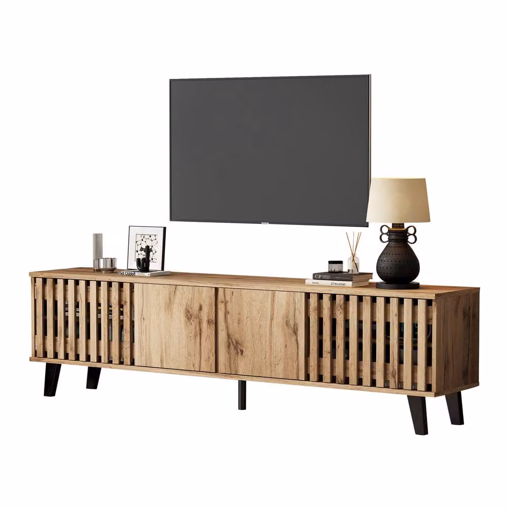 Rolipo Scandinavian Natural Wood TV Stand in Brown, 180 cm Wide with 4 Doors – 4