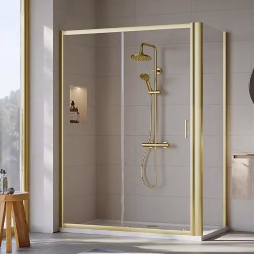 Balterley Sliding Shower Door with Side Panel and Square Tray, 6mm Toughened Safety Glass, Brushed Brass and White