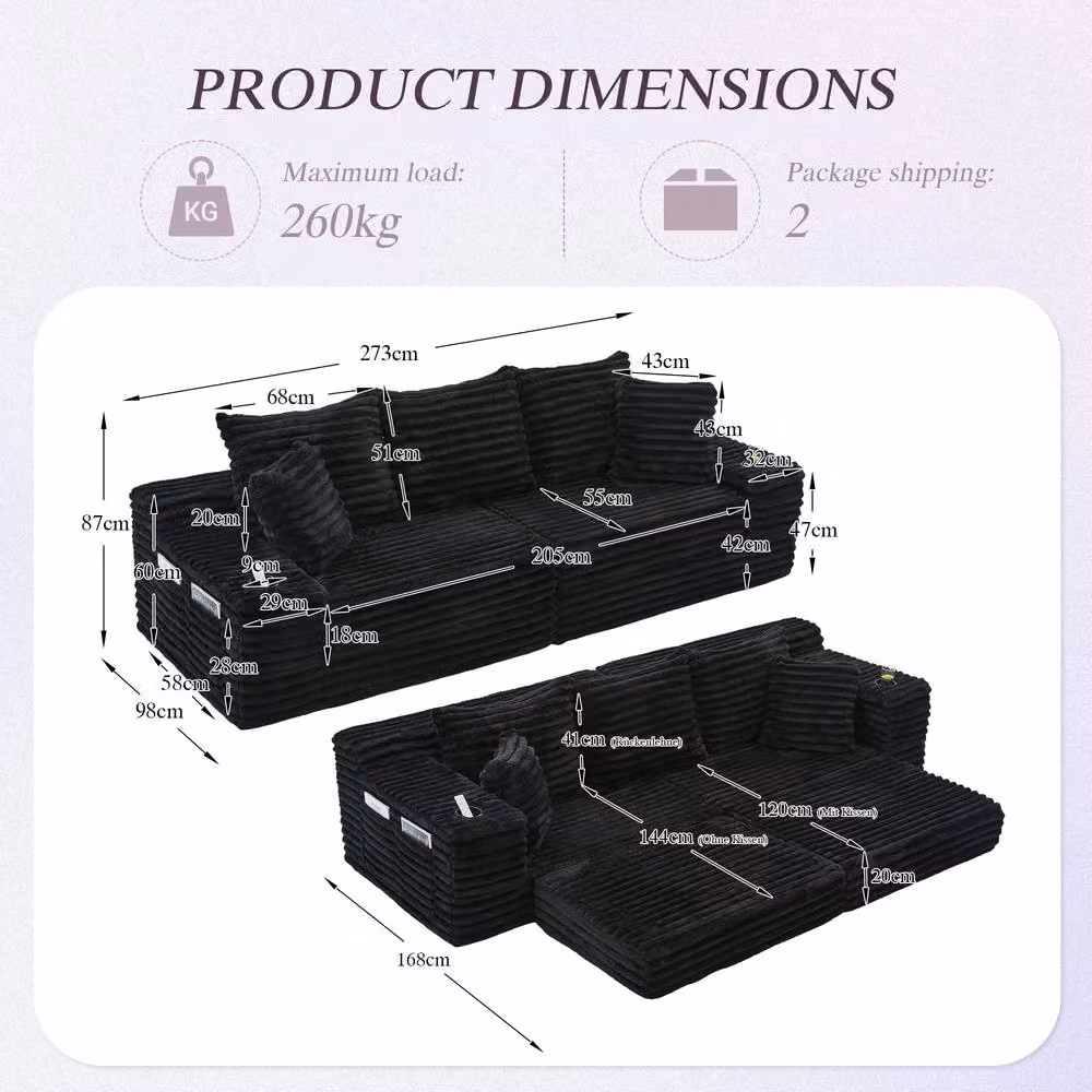 BTM Black Corduroy Sleeper Sofa with Cup Holders and Side Pockets – 2