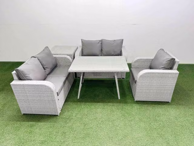 Fimous 5 Seater Light Grey Rattan Garden Furniture Set with Metal and Glass Details