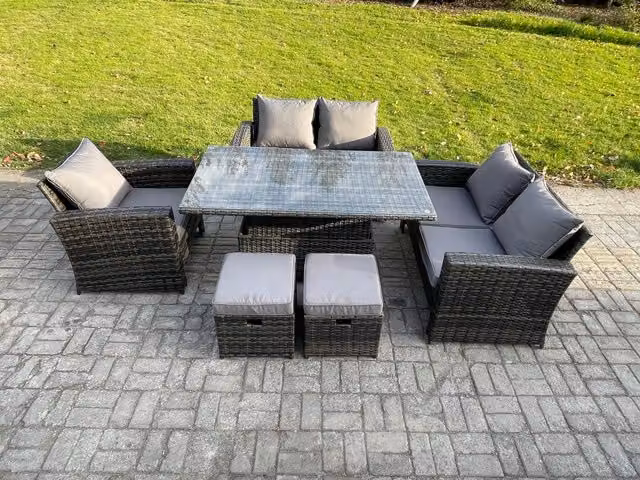 Fimous 7 Seater Rattan Outdoor Garden Furniture Sofa Set with 2 Small Footstools in Dark Grey Mixed