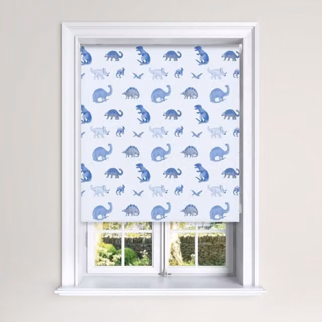 Kids Classic Designs Blue Dinosaur Blackout Roller Blinds with Child Safety, W: 120 cm, H: 140 cm