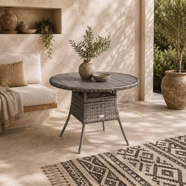 Wyld Haus Ladido Grey Rattan and Wood Effect Outdoor Dining Table, W: 90 cm