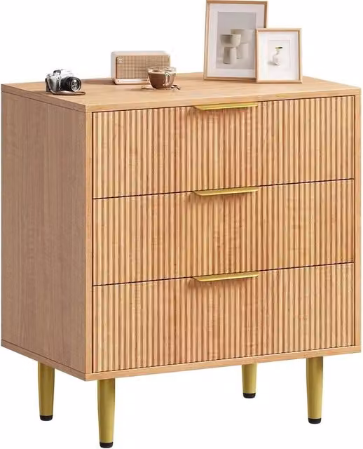 VOGREX 3 Drawer Bedside Table and End Table in Natural Wood Finish, W/D/H: 43.18 x 43.18 x 76.2 cm