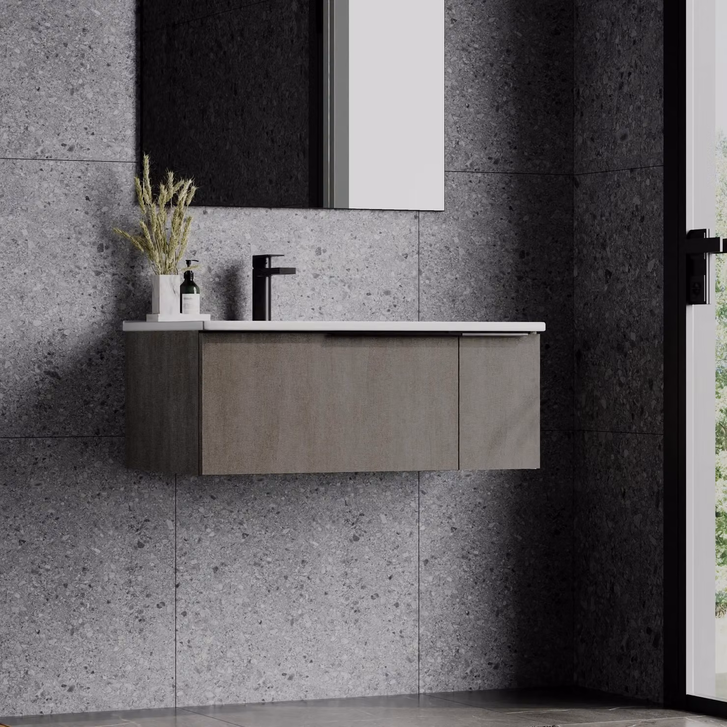 Banyetti Siena Wall-Hung Vanity Unit with Matt Black Handles, Stone Grey, W/D/H: 80 x 45 x 30 cm – 2