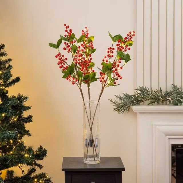 Scottish Everlastings Ltd Set of 3 Pre-lit Red Berry Stems, 85 cm