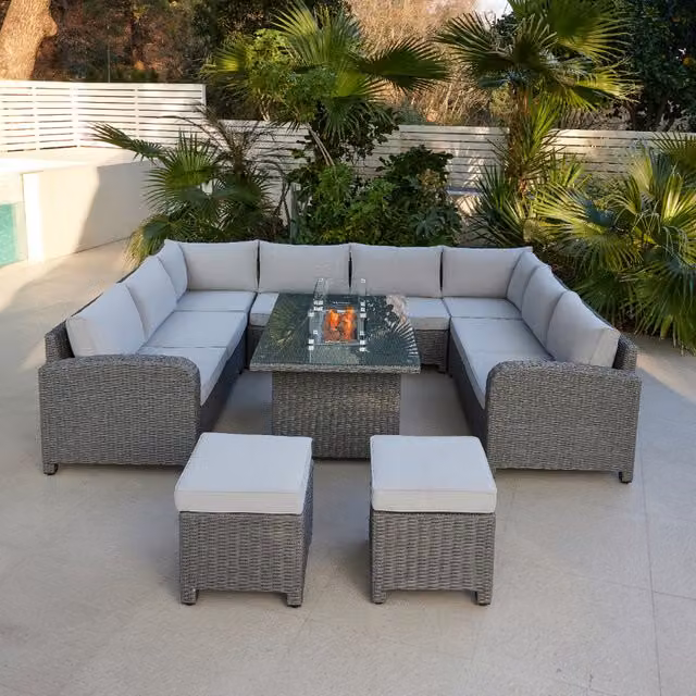Segrada U-Shaped Rattan Garden Furniture Set with Fire Pit Table and Matching Ottoman in Grey for 8 Adults