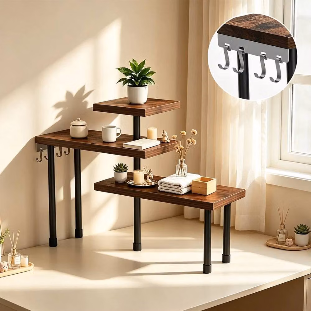 KORVIXA 3 Tier Corner Shelf Unit in Brown with Adjustable Shelves – 4