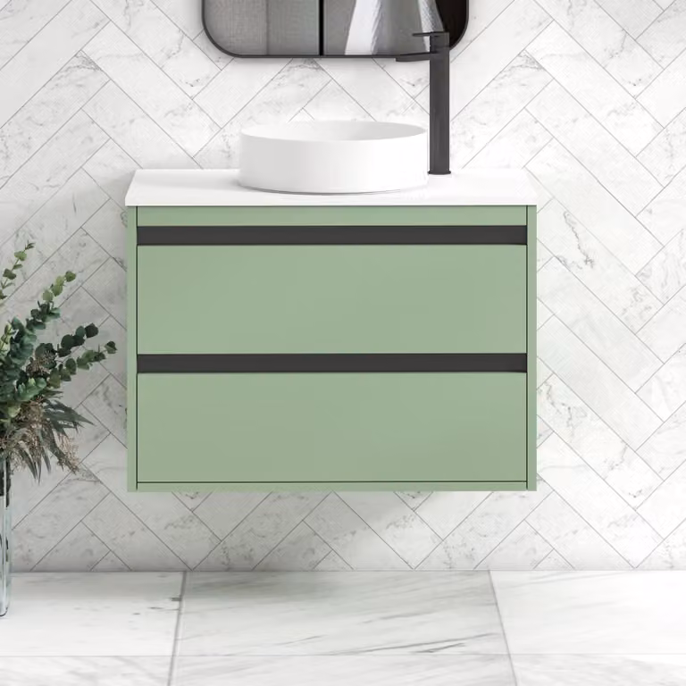 Royal Bathrooms Orion 800mm Wall Hung Vanity Unit in Mint Sage with 2 Drawers, Plain White Undrilled Worktop and Black Accent Trim