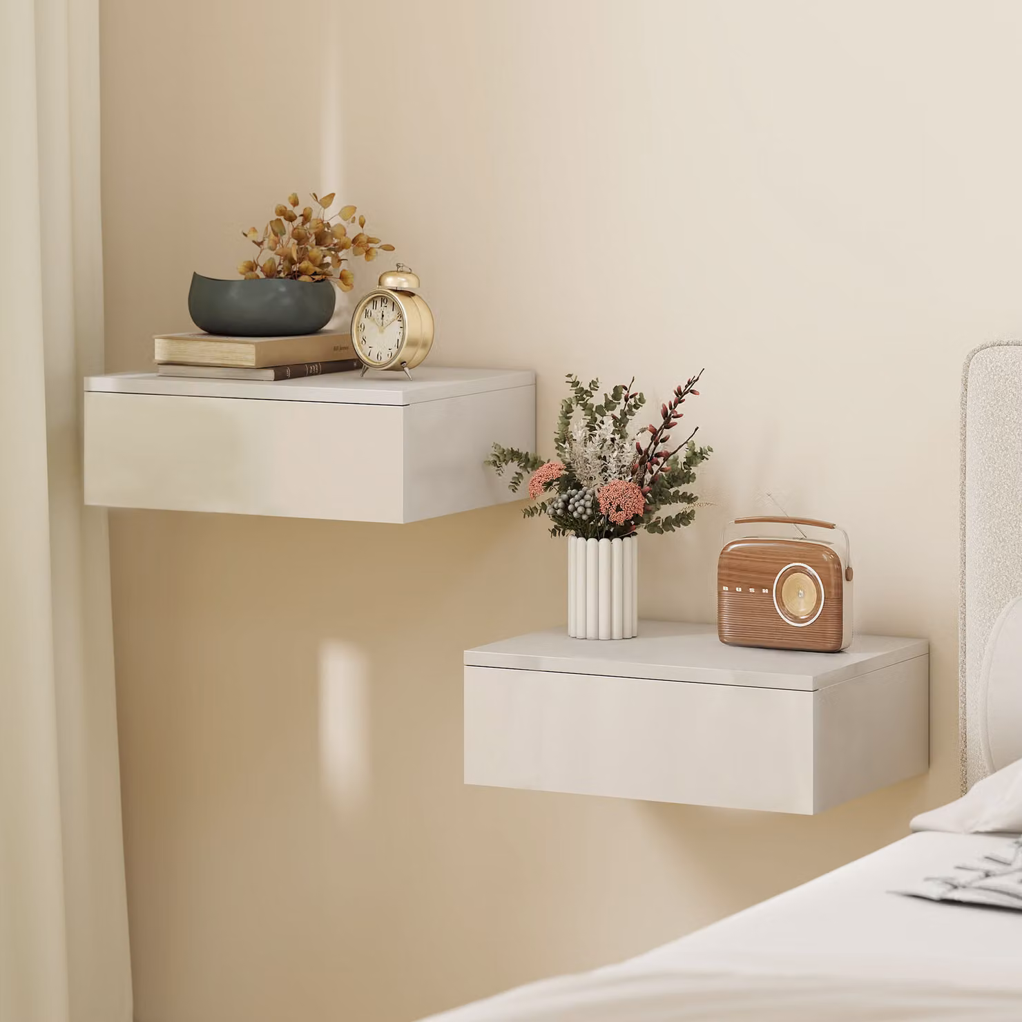 HOMCOM Set of 2 Wall-Mounted Floating Bedside Tables with High Gloss Finish and Storage Drawer, White – 2