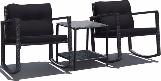 Costway Modern PE Rattan Rocking Chair Set with Cushion and Steel Frame, Black