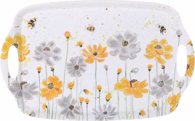 Impress Flower Bee Rectangular Floral Tray in White, Yellow, Grey and Multicolour