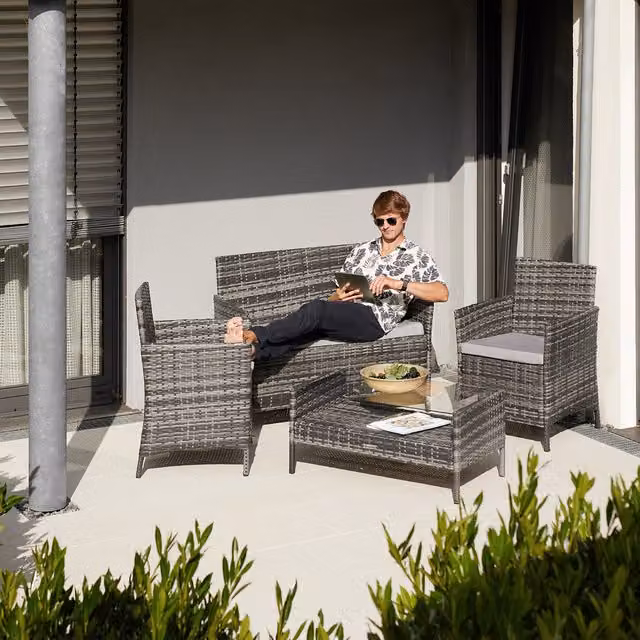 TECTAKE Madeira Garden Furniture Set with Sofa, 2 Armchairs and Coffee Table in Black and Grey