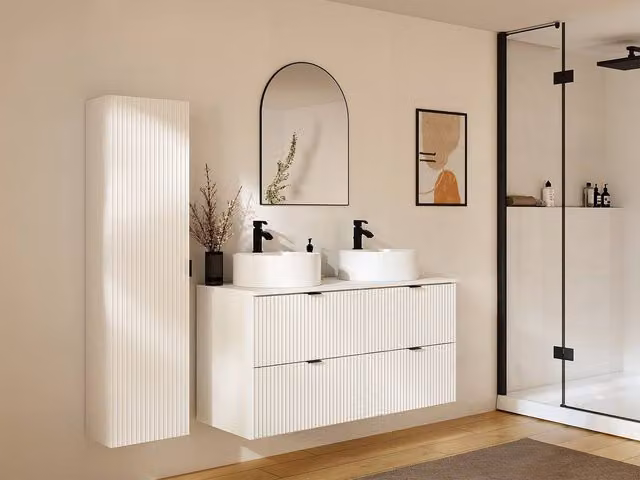 ZEVINI White Striped Suspended Bathroom Vanity Unit with Matt Ceramic Round Countertop Basin W/D/H: 60 x 47 x 60 cm