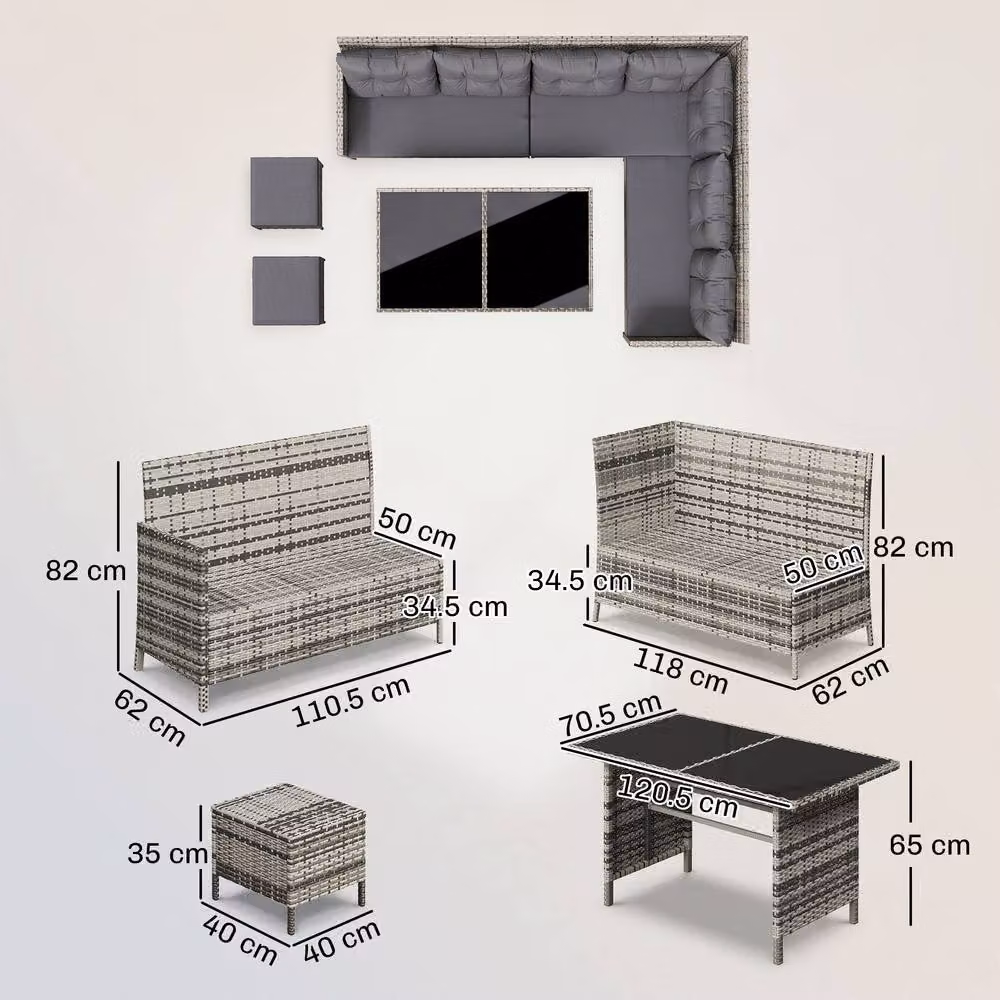 OUTSUNNY 6 Piece Rattan Garden Sofa Set with Grey Cushions and Black Wicker Frame – 2