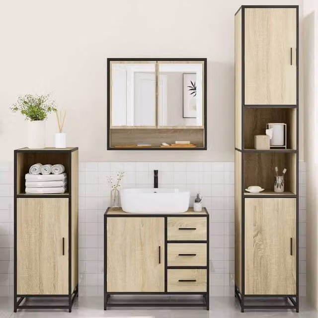 Berkfield Home 4-Piece Industrial Bathroom Furniture Set in Sonoma Oak and Brown – 1
