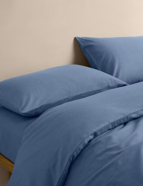 M&S Pure Cotton Brushed Flannelette Bedding Set in Slate Blue, 90 x 190 cm