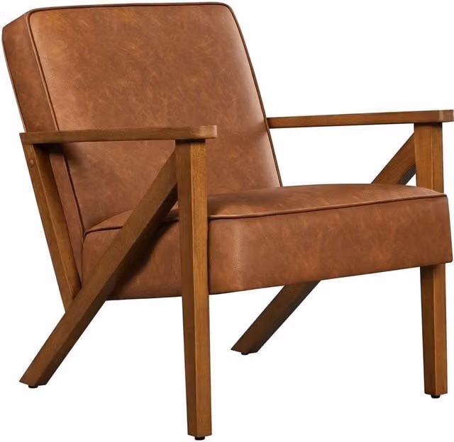 Kelvenix Mid-Century Modern Faux Leather Armchair in Brown with Solid Rubberwood Frame – 1