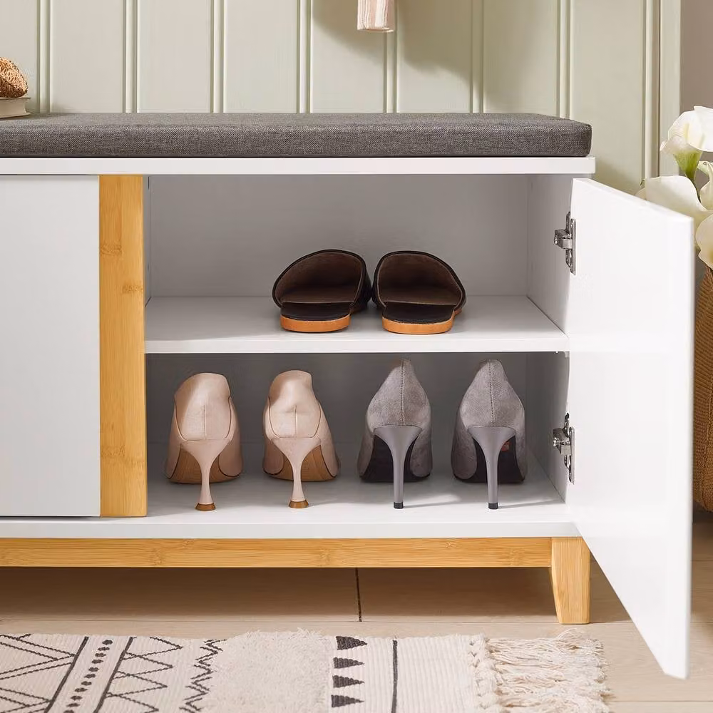 SoBuy White Entrance Bench with Shoe Rack and Bamboo Legs – 5