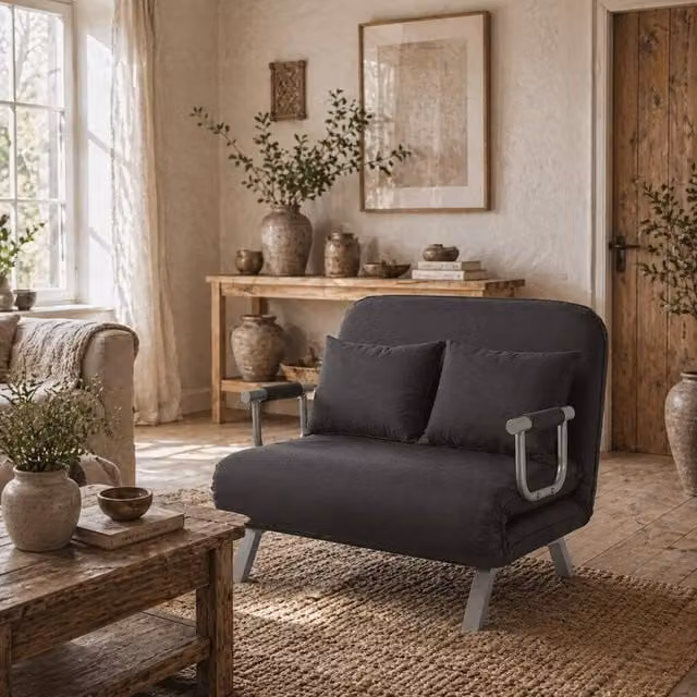 Wyld Haus Fiyo 2 Seater Click Clack Sofa Bed in Anthracite Grey with Microfibre Fabric and Scatter Cushions, W/D/H: 111 x 80 x 78 cm – 1