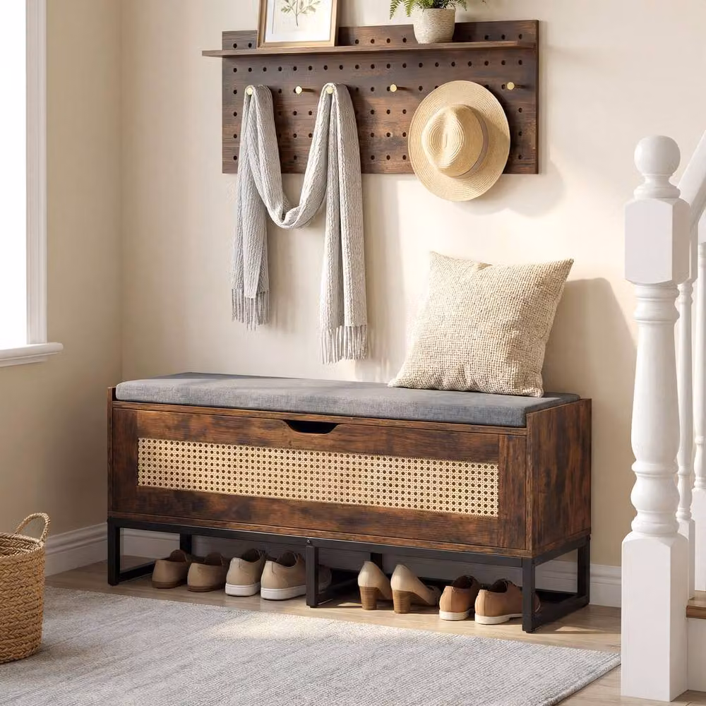 Costway Rattan Storage Chest and Wicker Shoe Bench with Padded Seat and Flip-Top in Brown – 2