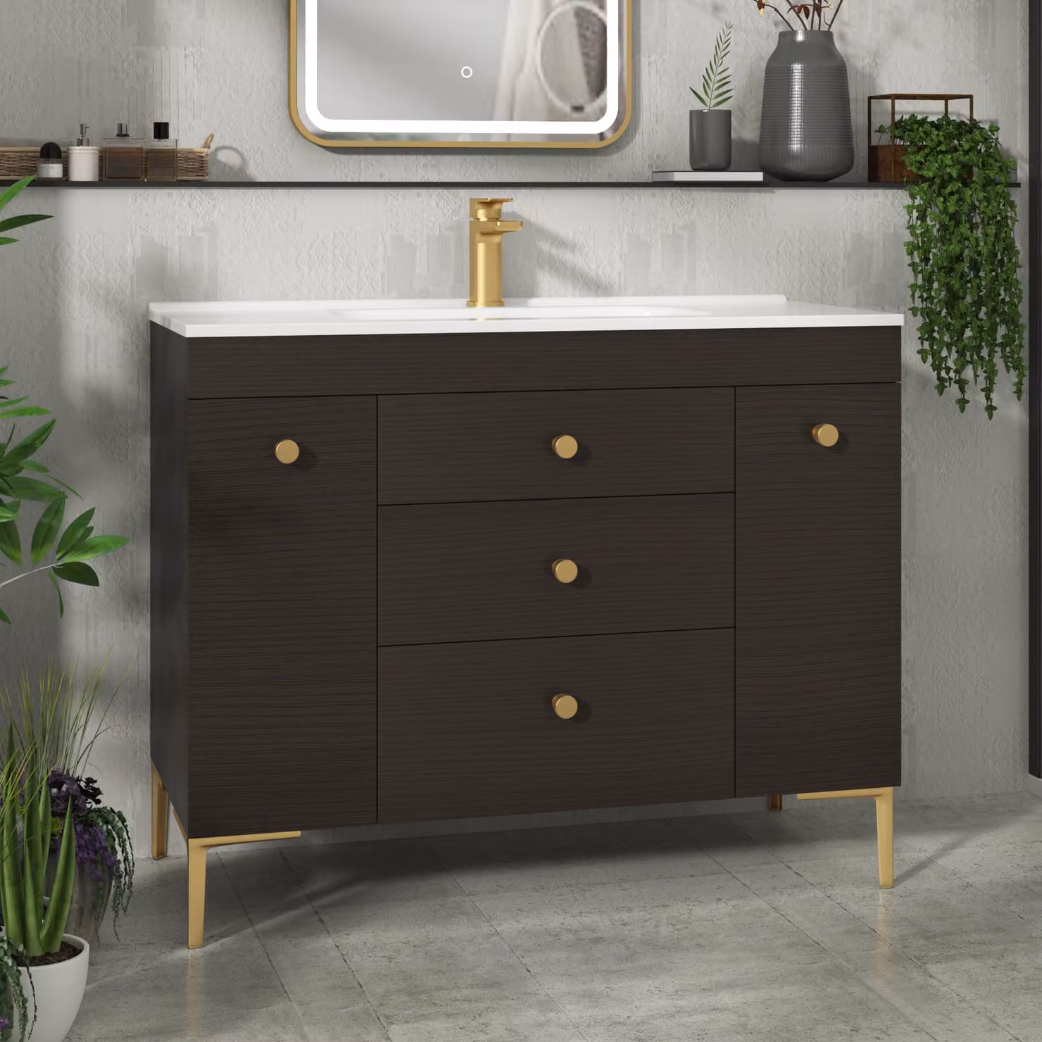 Royal Bathrooms Verona 1000mm Walnut Woodgrain Floor Standing Vanity Unit with 3 Drawers, Dual Side Pull Out Storage and Ceramic Basin with Brushed Brass Knob