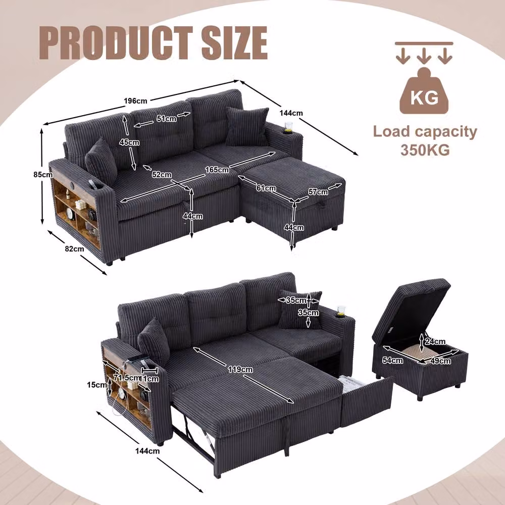 BTM Cord Sleeper Sofa in Dark Grey with LED Lighting, USB Charging and Storage – 2