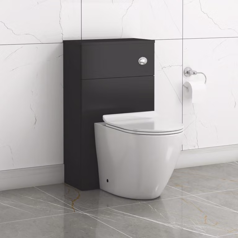 Royal Bathrooms Turin 500mm Matte Black BTW WC Unit with Elva White Ceramic Rimless Toilet Pan, Slim Soft Close Seat and Cistern