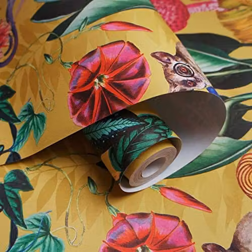 Holden Decor Wonderland Tropical Wallpaper in Ochre Yellow with Exotic Birds and Botanical Palm Leaves – 3